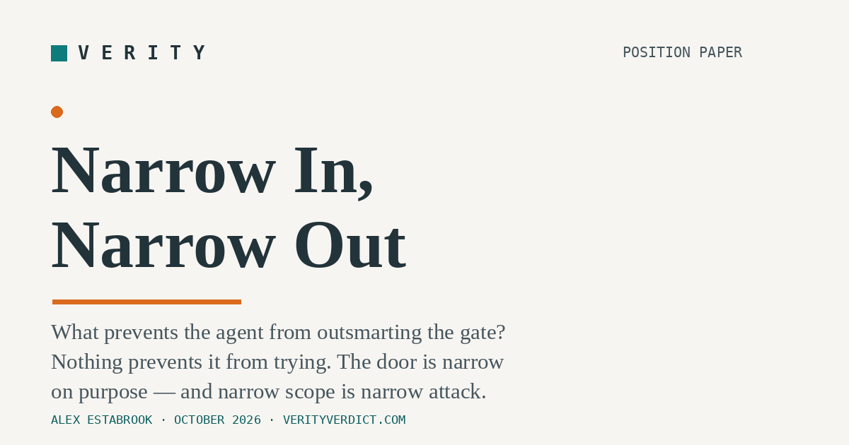 Narrow In, Narrow Out — what prevents the agent from outsmarting the gate? Nothing prevents it from trying. The door is narrow on purpose.